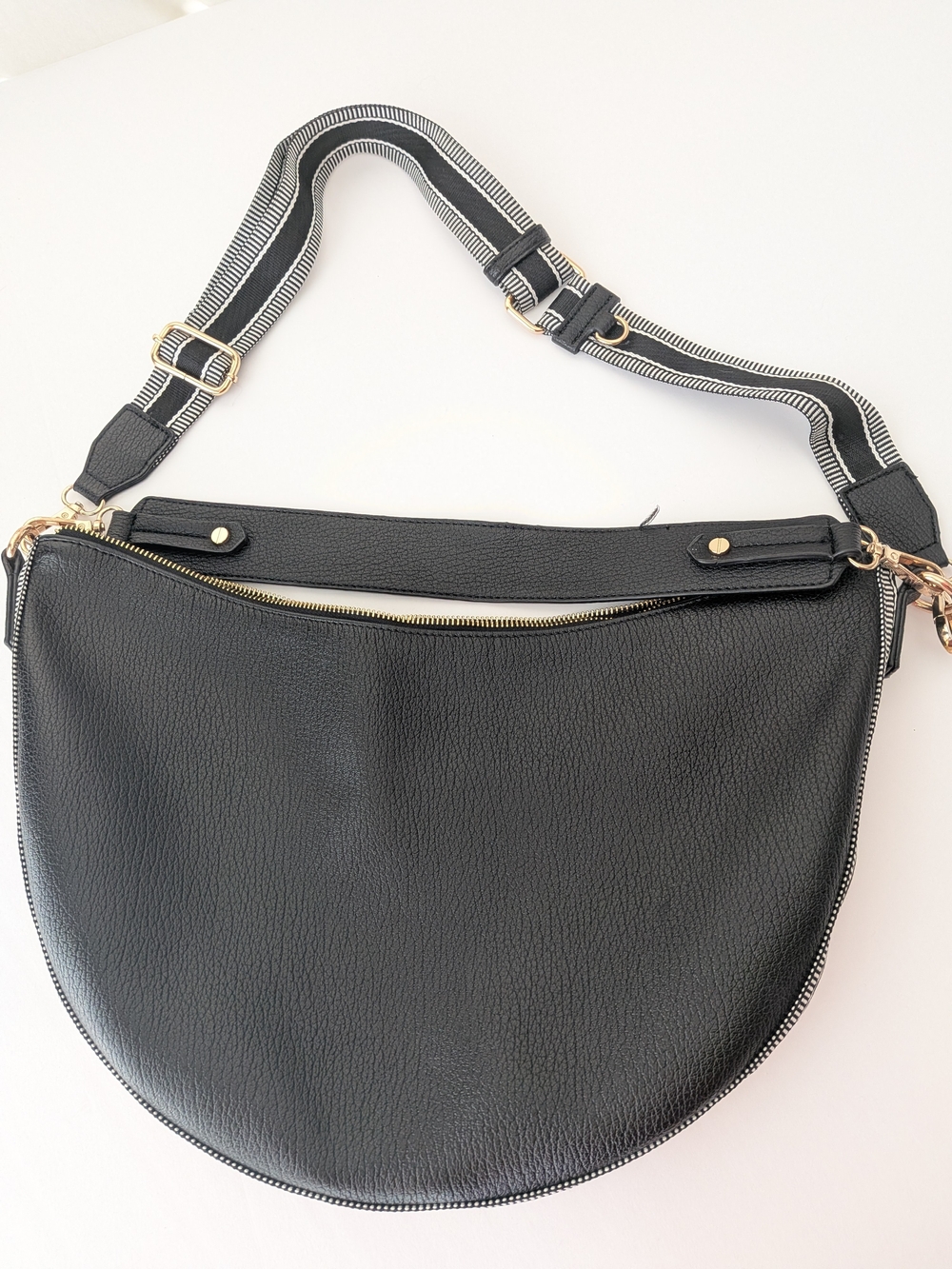 Black Pebbled Half-Moon Hobo with Striped Adjustable Strap